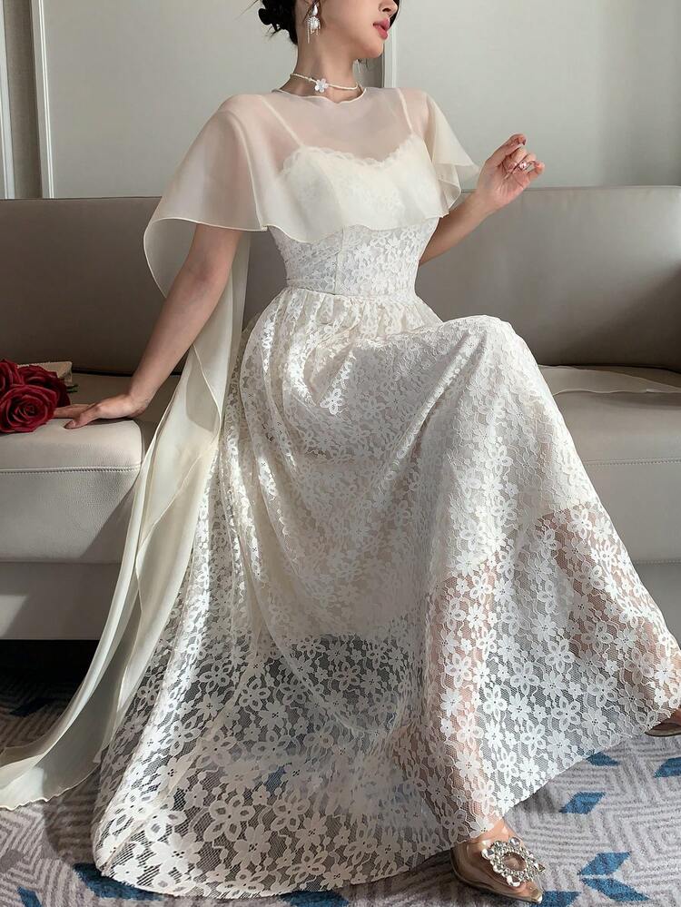 Women's Round Neck Cover Up Spliced Spaghetti Strap Maxi Skirt, Lace Textured Fabric, Elegant Two Pieces Set Summer