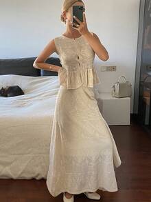 DAZY Women's Round Neck Sleeveless Frill Trim Cardigan And Loose Straight Long Skirt Elegant Vacation Style Knit 2-Piece Set - Apricot - View 4