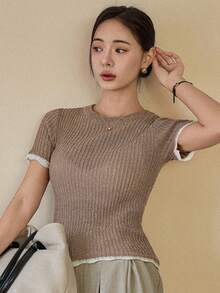 Dazy-Less 女款休閒拼色滾邊短袖針織上衣，春夏商務休閒女裝 - 棕色 - 查看 1