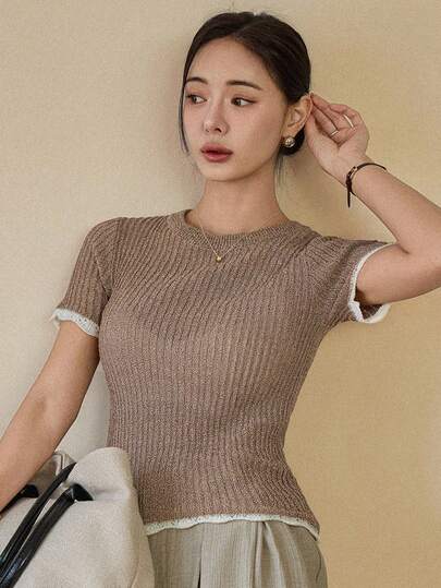 Dazy-Less Women's Casual Colorblock Trim Short Sleeve Sweater, Spring/Summer