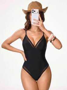 Shapewave Women's Summer Vacation Casual Beach Wear Solid Black Adjustable Strap One-Piece Swimsuit, Bikini Shapewear With Tie Waist - Black - View 3