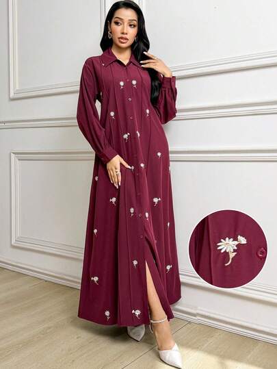 Veilorie Modest Casual Floral Embroidered Arabic Style Dress For Women Flower Embroidered Dress Red Dress Women