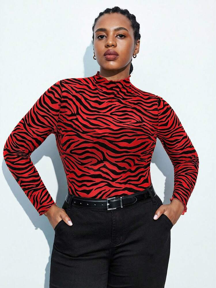 SHEIN Maija Plus Size Women's Black Sheer High Neck Mesh Long Sleeve Top, Fashionable, Comfortable, Elegant Women's Date Night, Plus Size Women's Business Casual Summer Easter Women Party Top Beach Summer Holiday Each Vacation For Women Summer For Women Going Out Graduation Casual Blouses For Women Tiger Print Plus Size Turtle Neck Top Animal Print Outfit Women New Arrivals For Plus Size Woman