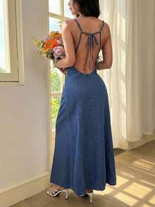 Breezaya Women's Denim Extra Long High Slit Dress - Blue - View 2