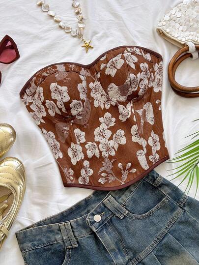 Soleia Top bandeau con estampado floral jacquard para vacaciones