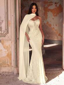 Glamrae Elegant Luxurious Stretchy Lace Ruched Sexy Bandeau Mermaid Dress With Detachable Sequin Skirt, Suitable For Wedding, Party, Honeymoon - Beige - View 4