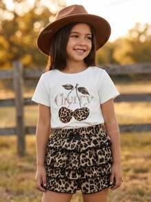 Emery Rose Kids Emery Rose Kids 少女樱桃字母印花短袖T恤和豹纹蛋糕短裙套装 - 白色 - 查看 4