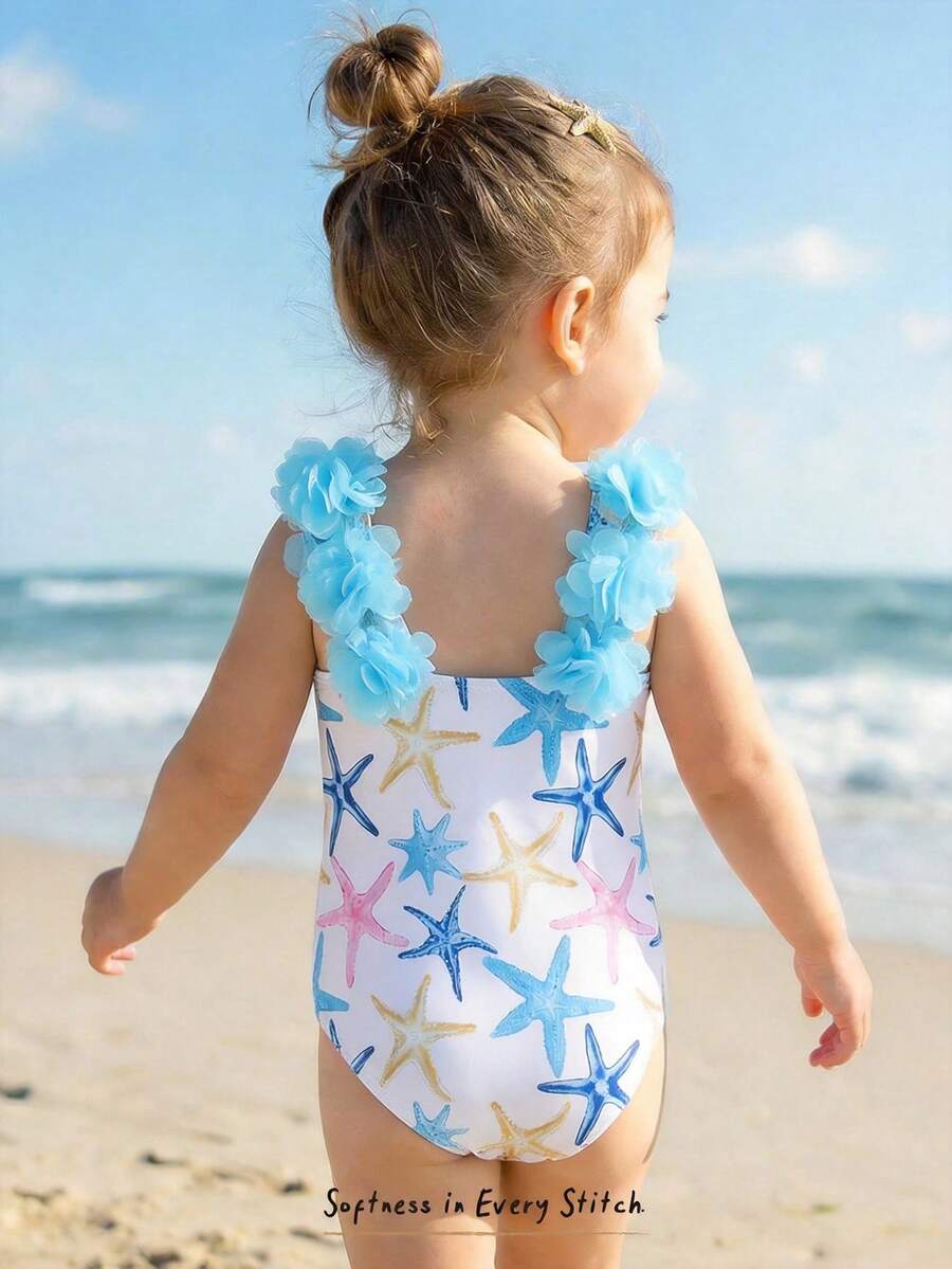 SHEIN Baby Girl Starfish Pattern Ruffle Trim One-Piece Swimsuit - Blue - View 1