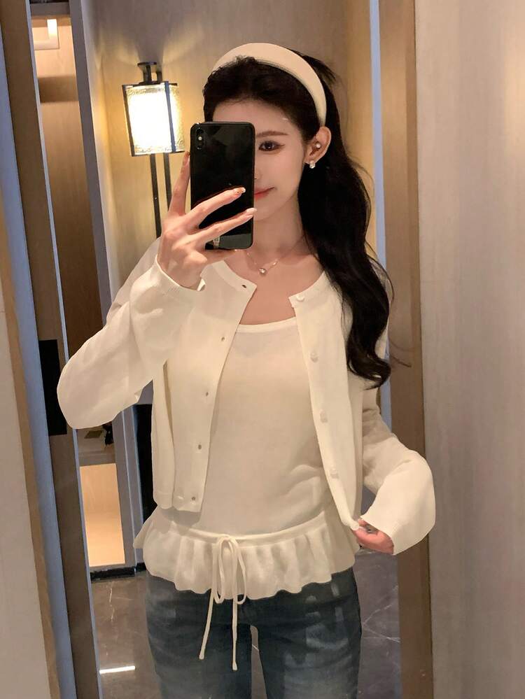 Women's Spaghetti Strap Top With Ruffle Trim & Casual Jacket 2 Pieces Set Summer