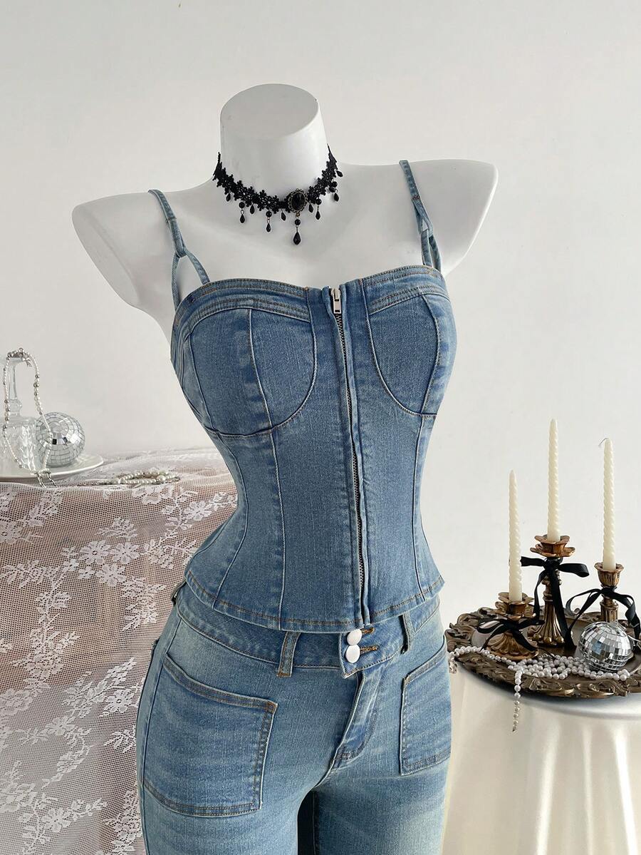 Elamini 女士拉链修身牛仔吊带背心 - 藍色 - 查看 1