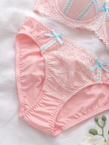 Soft Pink Contrast Lace Lingerie Set, 3D Bow Trim Bandeau Bra And Panty - Pink - View 4