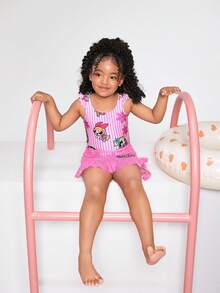 THE POWERPUFF GIRLS X SHEIN Bộ đồ bơi liền thân xếp nếp in hình hoạt hình dành cho bé gái, kèm áo khoác ngoài và váy. - Hồng - Xem 5