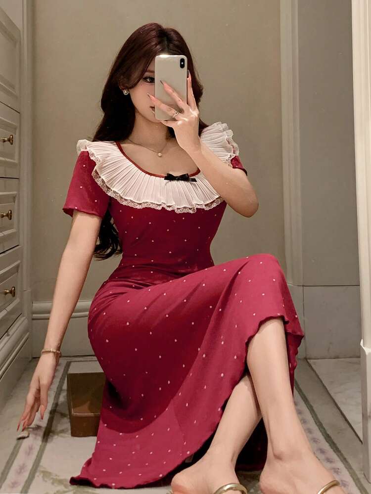 Polka Dot Allover Print Ruffle Collar Women's Short Sleeve Waist Cinched Long Nightgown, Ladies' Sleepwear Dress