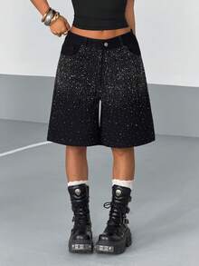 StreetHx Women's Pocketed Rhinestone Embellished Wide Leg Loose Bermuda Denim Shorts - Black - View 4