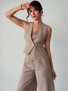Firerie 女士优雅休闲简约通勤办公日常度假V领无袖不规则下摆金属扣卡其色马甲和高腰阔腿直筒裤两件套，通勤工作服套装，端庄得体，机场穿搭，度假穿搭，教师装，老派风格两件套 - 卡其色 - 查看 2
