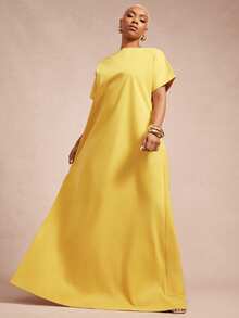 Vixey 落肩袖深V领露背长款梭织连衣裙 - 黃色 - 查看 3