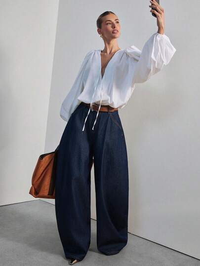 Hauture بنطلون جينز نسائي واسع وقصير الخصر، جينز مثير للارتداء في المكتب