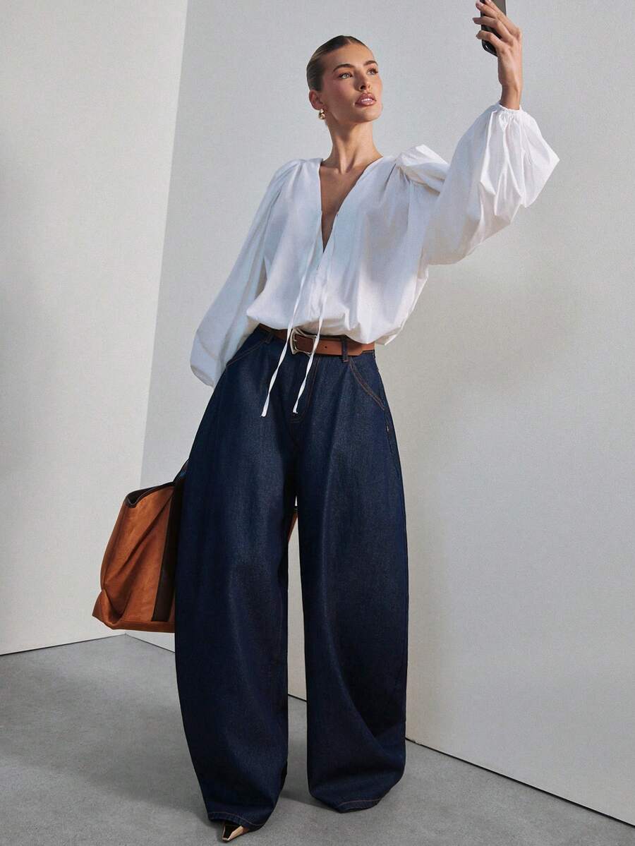 Hauture 女士低腰宽松筒状牛仔裤，性感职业装 - 深色水洗藍 - 查看 1