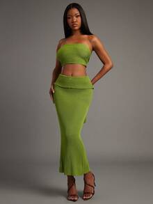 NYA SZN 配套套装（上衣和半裙）上衣：无袖针织抹胸上衣；半裙：高腰修身短款半裙；颜色：绿色；适合节日、圣诞节、新年、复活节、情人节等场合；针织衫；日常休闲女装 - 綠色 - 查看 4