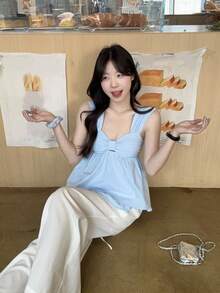 DAZY Women's Solid Color Pleated Casual Versatile Blouse For Dating & Outings Babydoll Top Summer - Blue - View 7
