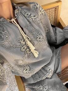 DAZY Textured Jacquard Embroidered Fabric Loose Long Sleeve Pullover Shirt And Straight Shorts Elegant Summer Vacation 2-Piece Set For Women Boho Short Sets For Women - Grey - View 7