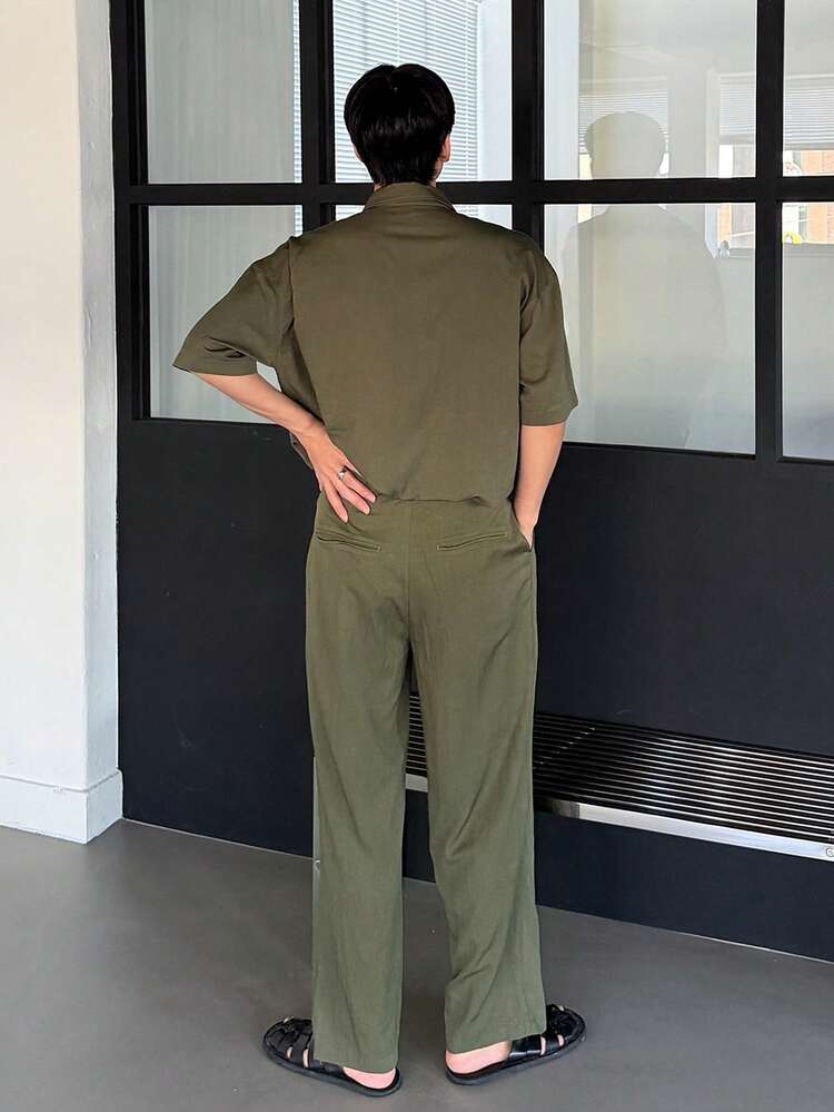 Men's Short Sleeve Polo Shirt And Pants Set, Military Green, Spring/Summer