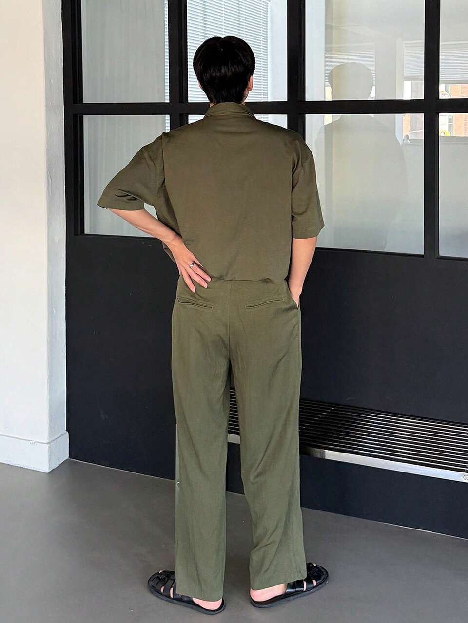 Men's Short Sleeve Polo Shirt And Pants Set, Military Green, Spring/Summer