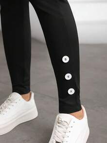 Modelyn Leggings casuales de corte slim con cintura elástica de punto negro para mujer - Negro - Ver 3