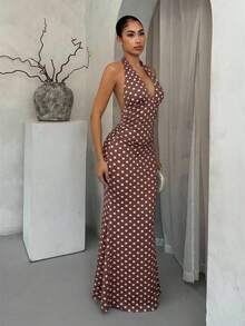 SHEIN SXY 女士深V领波点优雅吊带鱼尾连衣裙 波点泳衣 波点连衣裙 波点连衣裙 波点连体裤 棕色波点连衣裙 女士夏季连衣裙 女士波点连衣裙 女装连衣裙 女士波点连衣裙 波点连衣裙 - 棕色 - 查看 6