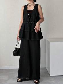 FRIFUL Bộ jumpsuit denim dáng rộng, cổ chữ V sâu, eo thắt dây, phối bèo nhún, dành cho nữ, thích hợp cho mùa hè. - màu đen - Xem 6