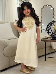 Dazy Kids Girls (Small) Round Neck Short Sleeve Dress, Fall Clothes - Beige - View 3