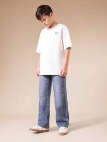 SUMWON Boys Oversized White Crew Neck T-Shirt With Blue Contrast Tipping And Embroidered Text Detail Short Sleeve Casual Tee - Apricot - View 3