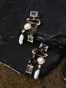 Opalesca Retro Luxury Pearl Crystal Multi-Gemstone Mixed Long Pendant Earrings, Asymmetric Earrings, Face-Slimming, European And American Fashion Accessory - Multicolor - View 2