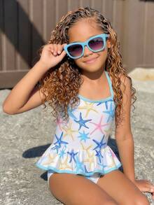 SHEIN 小女孩可爱海星印花连体泳衣，休闲沙滩度假游泳运动时尚甜美休闲出游 - 白色 - 查看 1