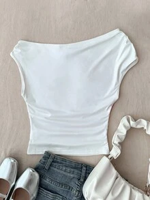 SHEIN 青少年女孩花卉印花不對稱肩短袖休閒T恤，可愛白色上衣，單朵花粉色襯衫 - 白色 - 查看 2
