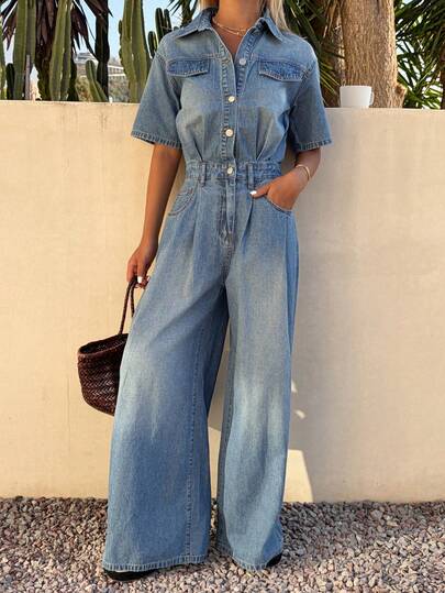 DAZY Women's Casual Faux Pocket Wide Leg Denim Jumpsuit, Spring/Summer