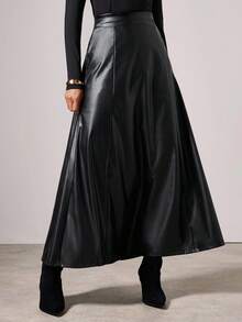 SHEIN PETITE CURVE 新款加大码女式小码黑色高腰PU半身裙，适合通勤，高腰设计让您看起来更苗条，腿部更修长，适合娇小身材的女性。适合所有季节和场合。 - 黑色 - 查看 8