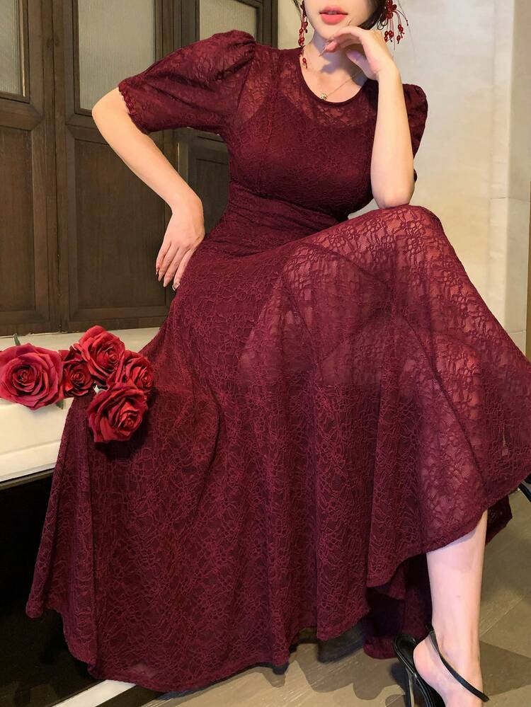 Women's Round Neck Lace Waist Fit Elegant Mermaid Midi Dress Sundress