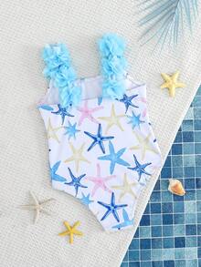 SHEIN Young Girl Starfish Pattern Ruffle Trim One-Piece Swimwear - Blue and White - View 2
