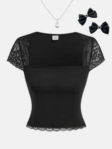 Girlism Teen Girls Lace Patchwork Square Neck Fitted T-Shirt - Black - View 6