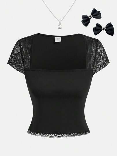 Girlism Teen Girls Lace Patchwork Square Neck Fitted T-Shirt
