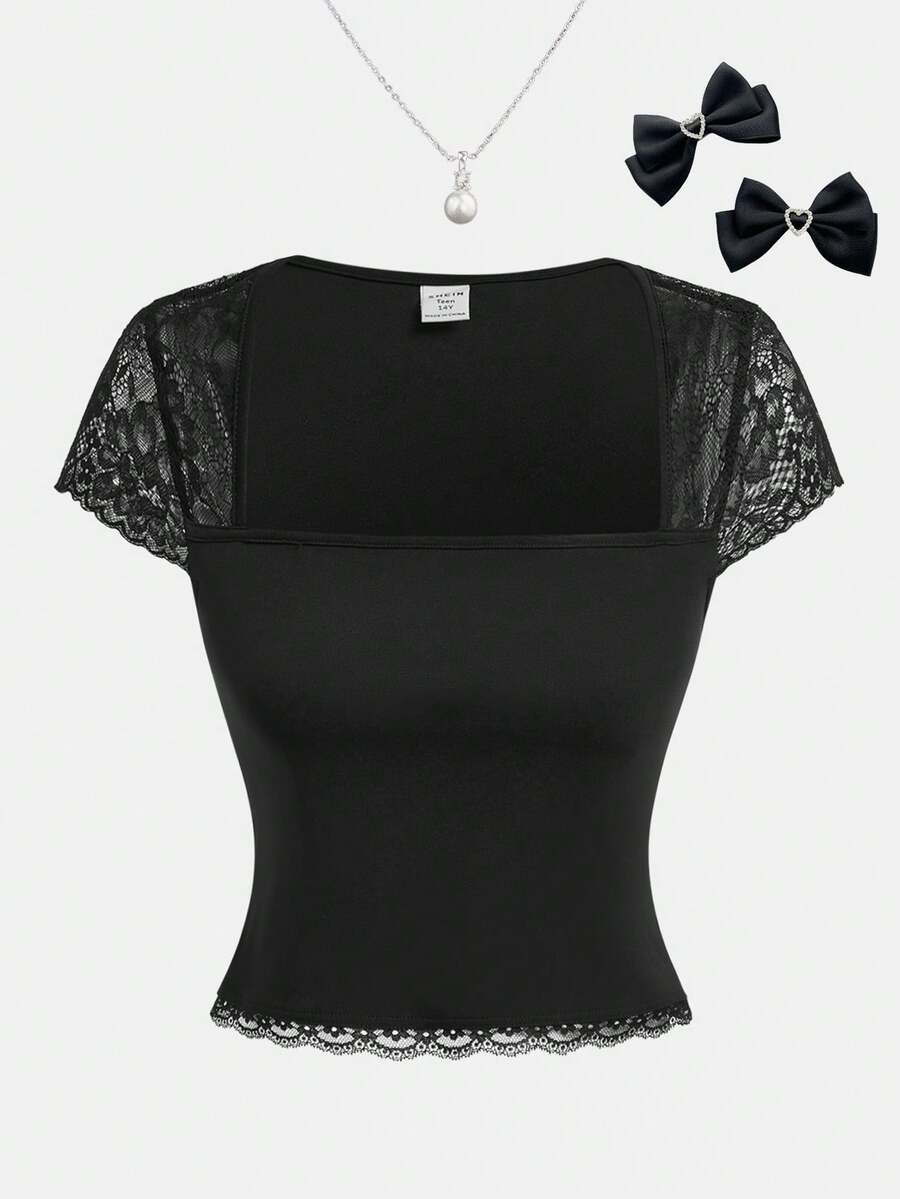Girlism Teen Girls Lace Patchwork Square Neck Fitted T-Shirt - Black - View 1