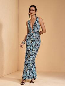 JIAN LASALA 全印花O型环深V领女士无袖夏季长连衣裙，开衩设计，度假休闲风 - 彩色 - 查看 5