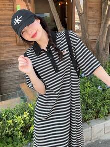DAZY 女士翻领条纹韩版休闲长裙，夏季防晒连衣裙 - 藍色 - 查看 5