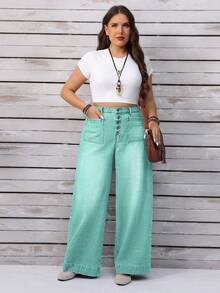 EMERY ROSE Plus Size Casual Washed High Waist Wide Leg Jeans - Mint Green - View 6
