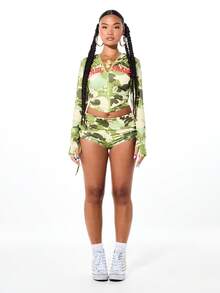 SUMWON X PAUL FRANK SUMWON WOMEN 女士迷彩印花拉链连帽长袖短款外套 - 綠色 - 查看 3