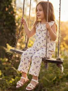 SHEIN Summer Young Girl Fresh Tulip Print Set, Sleeveless Ruffle Collar Blouse + Wide Leg Pants, Cream White Youthful Sweet Casual Style Vest Set - White - View 3