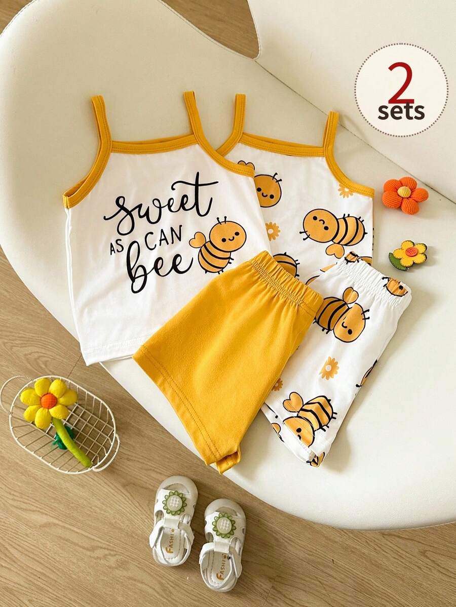 SHEIN Playful Pals 2件套女婴可爱卡通蜜蜂字母印花圆领吊带背心和短裤套装 - 黃色 - 查看 1