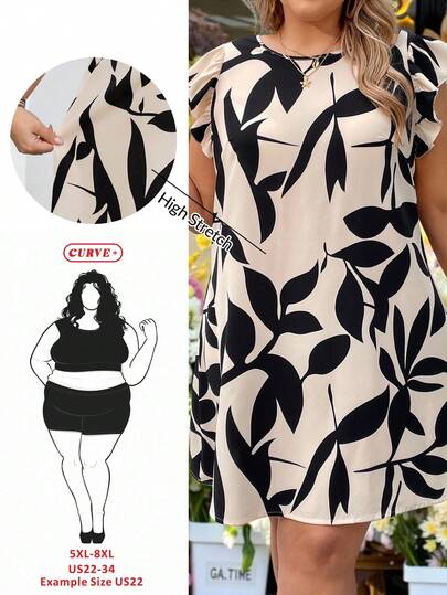 SHEIN CURVE+ Curve Size US22Music Festival, Seaside Vacation, Bohemia Women Casual Floral Print Ruffle Hem Dress, Summer Dresses