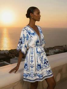 CAJUNI Women's White And Blue Floral Mini Dress,Summer Boho Vacation Holiday Beach Party,Deep V-Neck Kimono Sleeve High Waist Loose Fit Woven Floral Dress - Blue and White - View 4